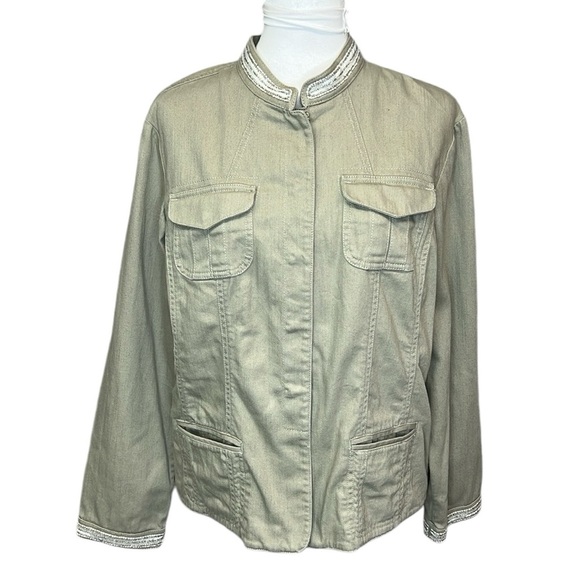 Chico’s Beaded Accent Denim Jacket Tan - Picture 1 of 7